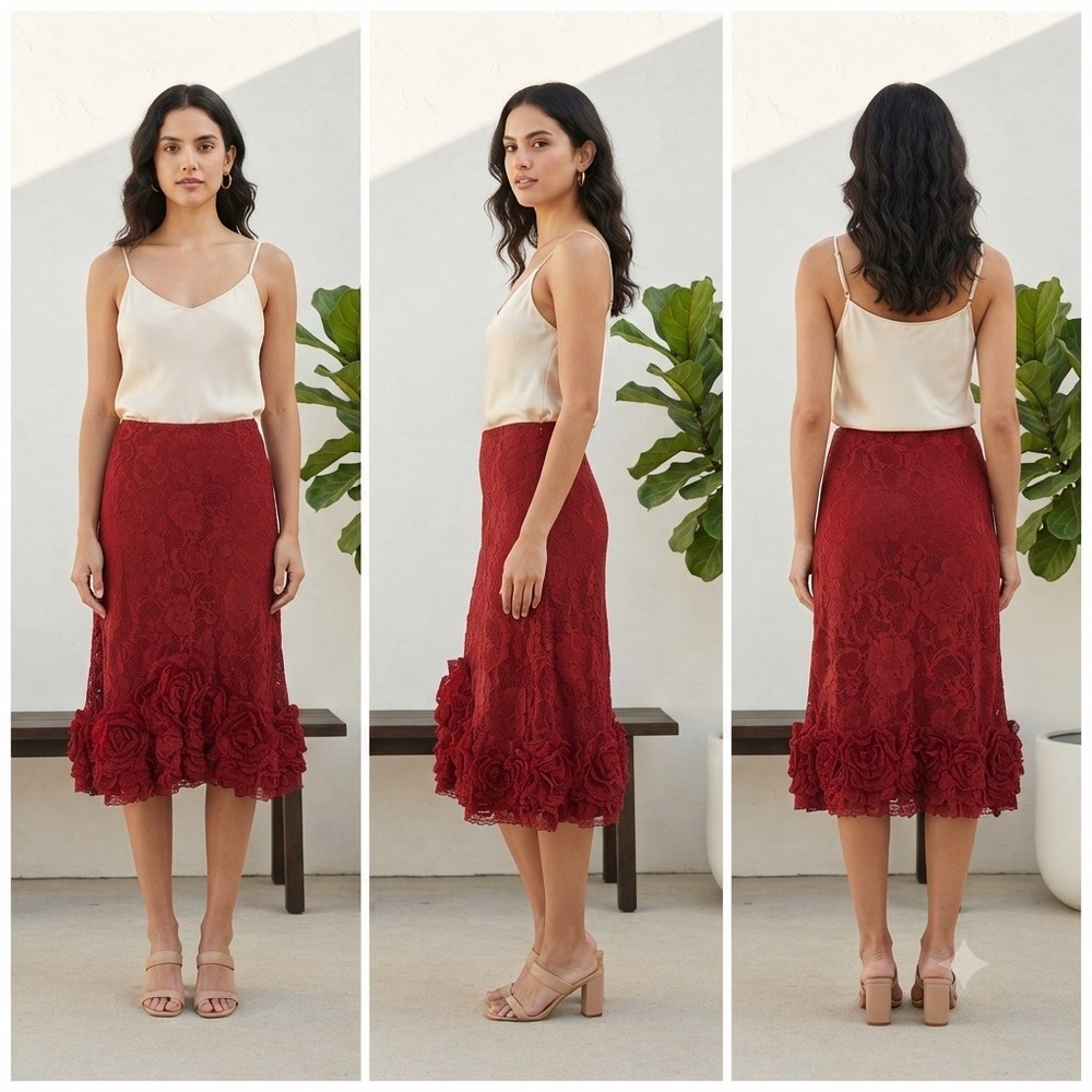 VTG Louise Ricci Midi Skirt Womens 16 Red Floral Lace Asymmetrical Ruffle Lined